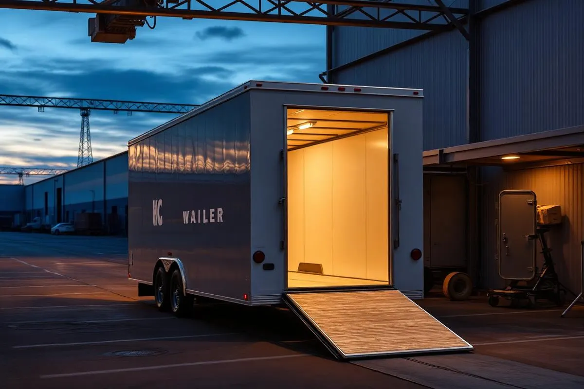 Enclosed white cargo trailer with rear ramp door open at a loading dock