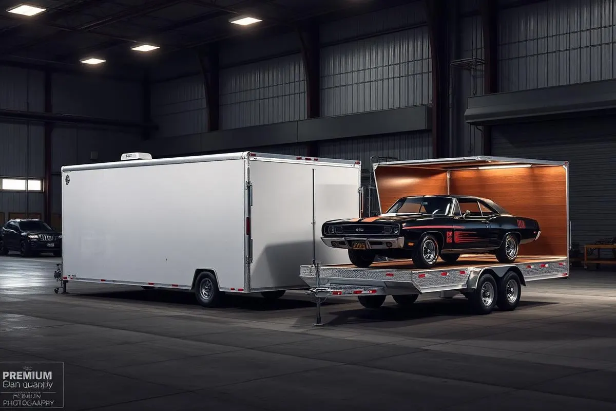 Open car hauler trailer with a classic muscle car loaded beside an enclosed trailer