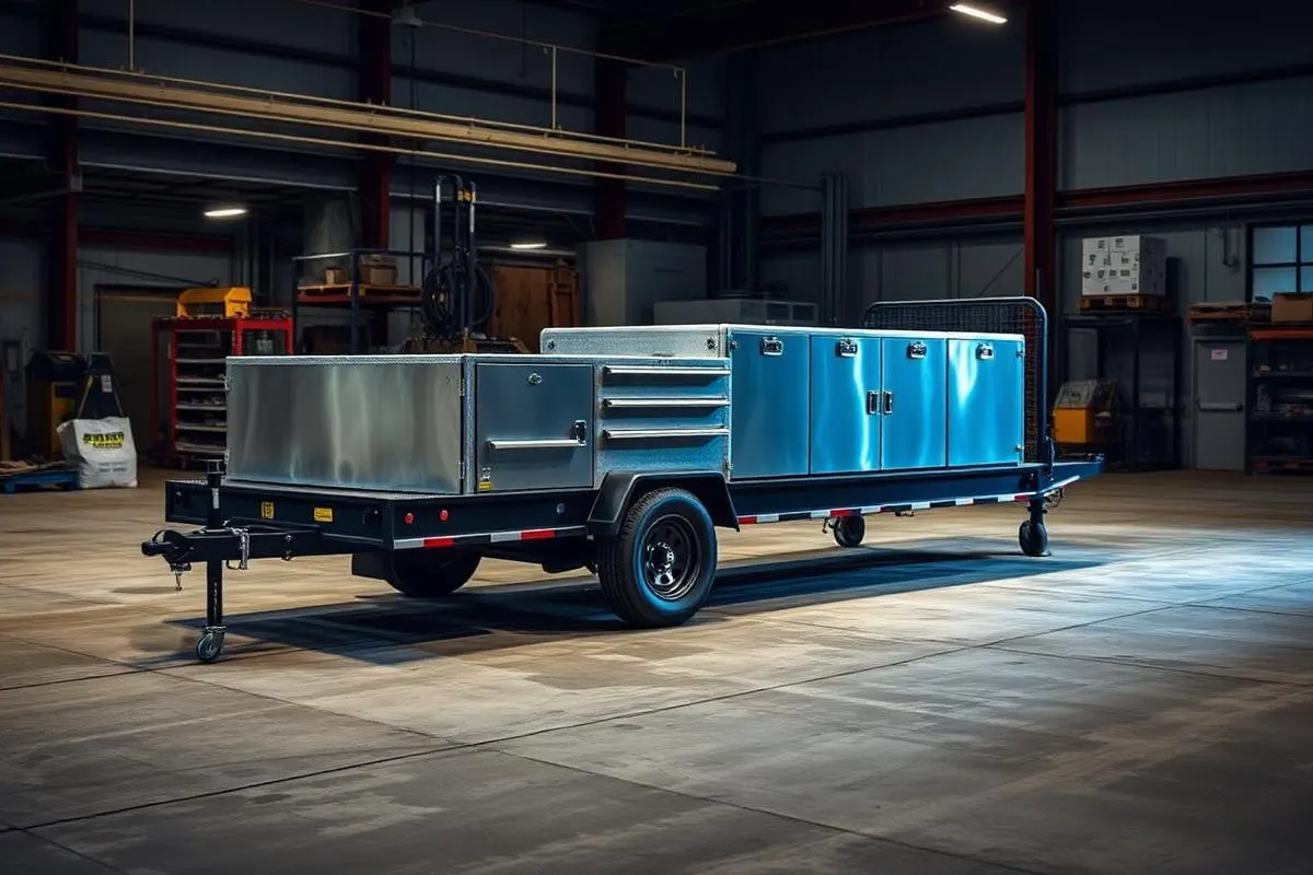 Custom fabricated heavy duty steel trailer with toolboxes in a fabrication shop