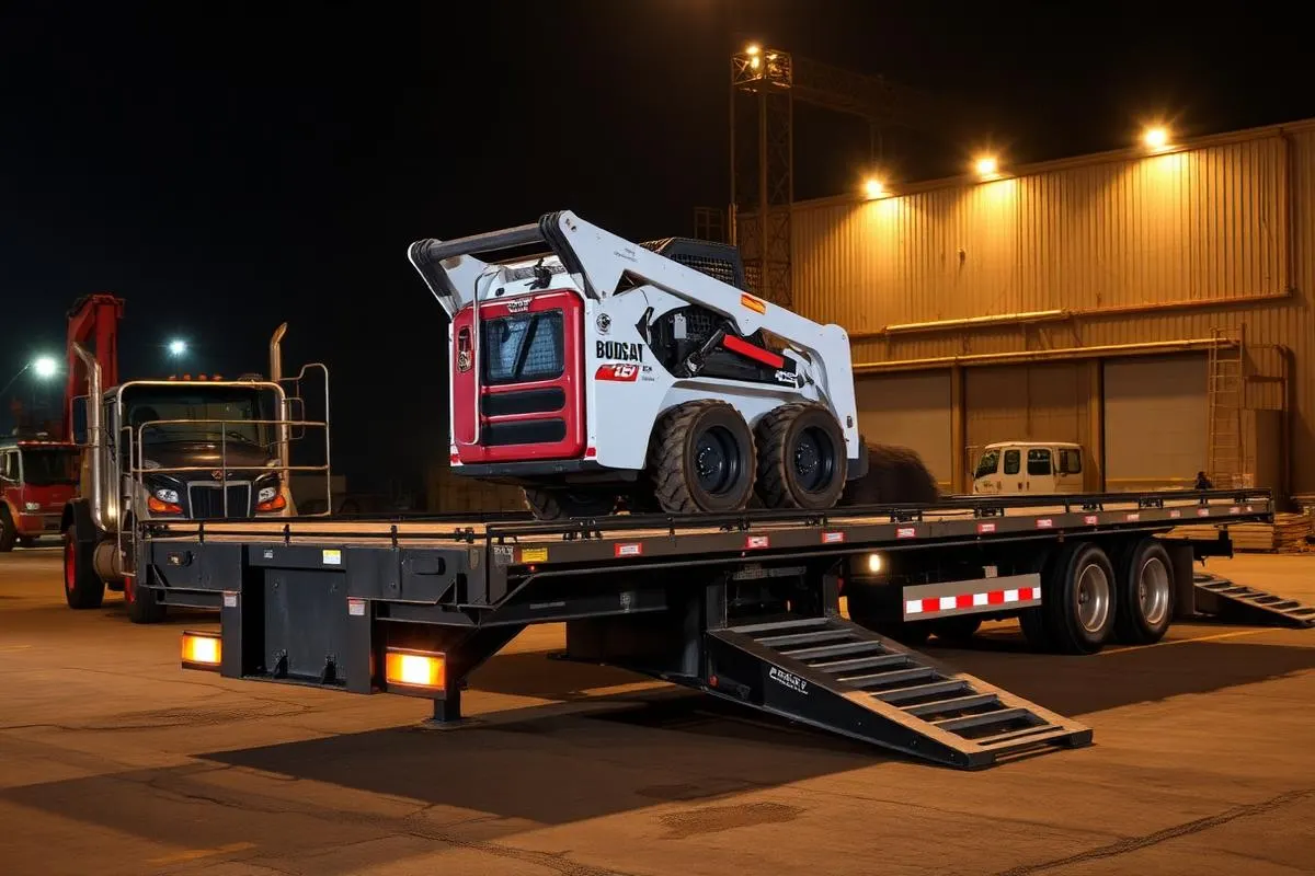 Flatbed equipment trailer loaded with a skid steer at an industrial yard